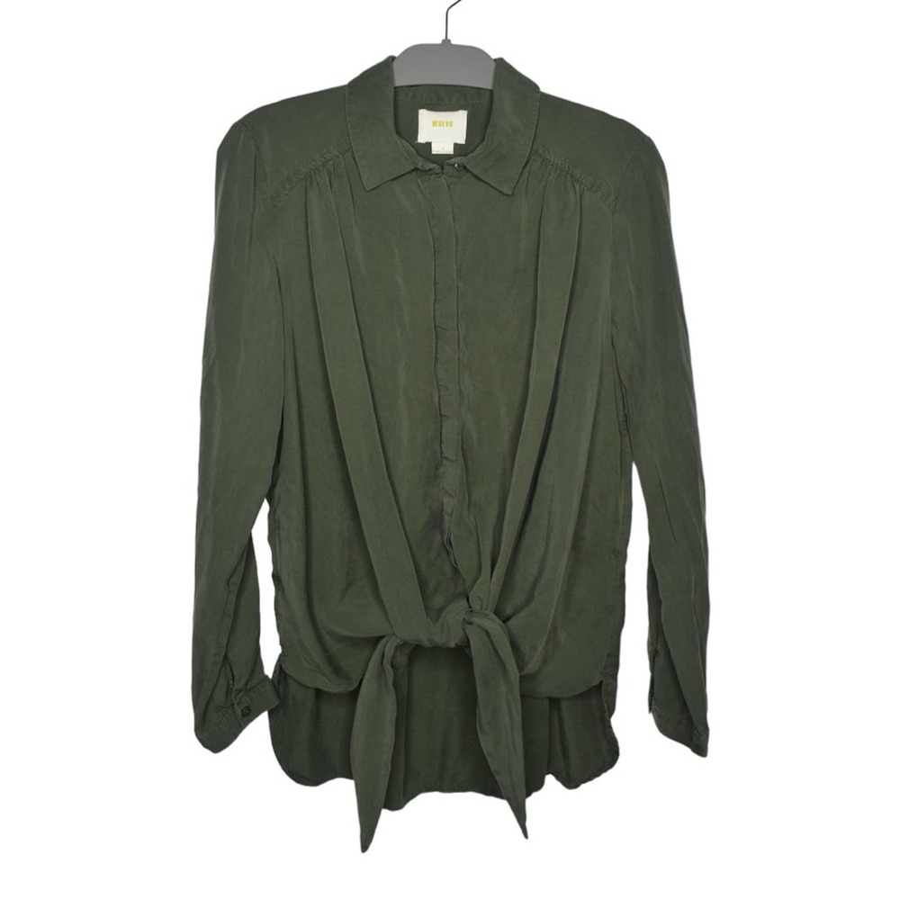 Anthropologie Maeve Olive Green Tie-Front Tencel Blouse Long Sleeve Women's M